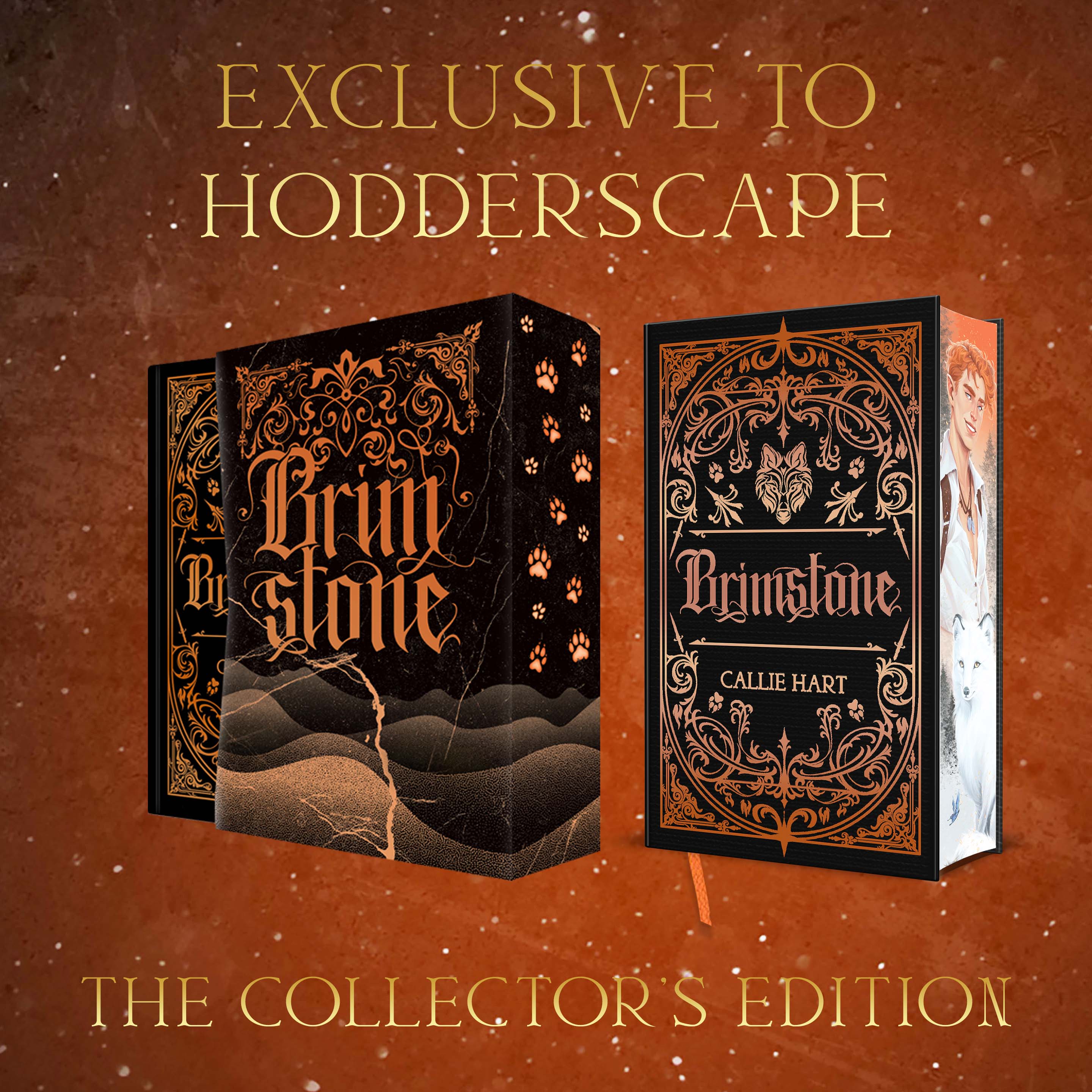 packshot of Brimstone half in slipcase and packshot of Brimstone showing character art digital edges. Black boards with gold foil gothic design